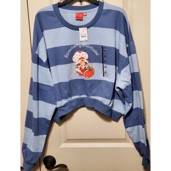 Strawberry Shortcake Women’s Cropped Sweatshirt Blue Striped Size XXL - NWT - Picture 1 of 7